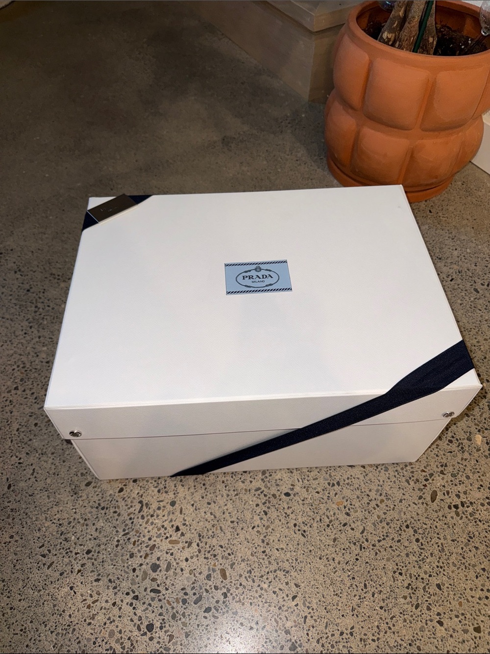 Prada White Box with Navy Ribbon and Center Plaque